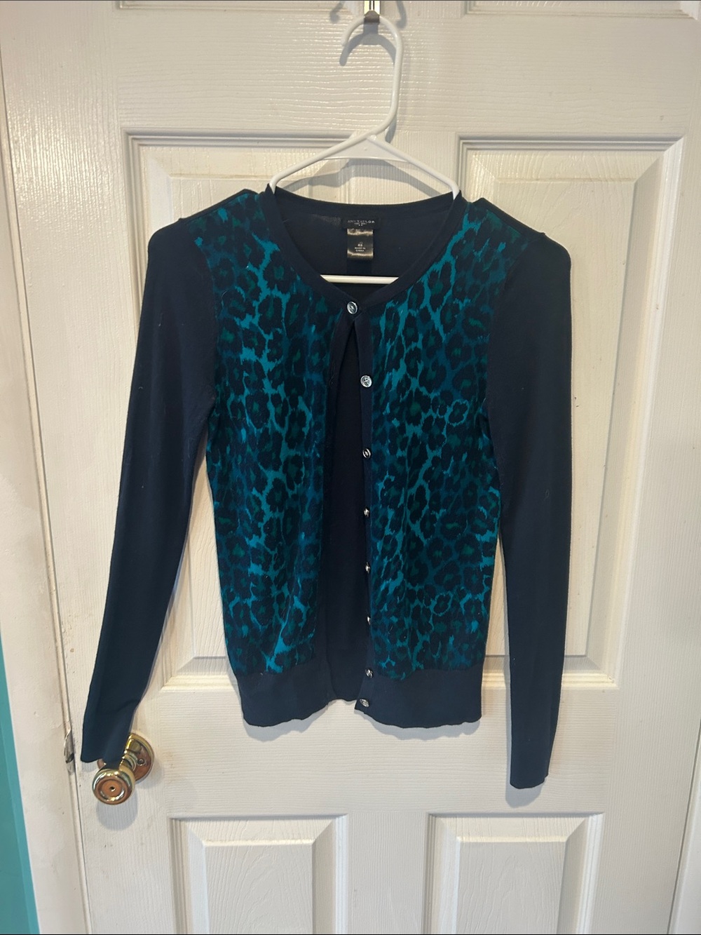 Ann Taylor Factory Teal and Navy Leopard-Print Button Cardigan
